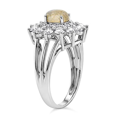 Rainbow Moonstone and Simulated Diamond 2.00 ctw Ring in Sterling Silver (Size 5.0)
