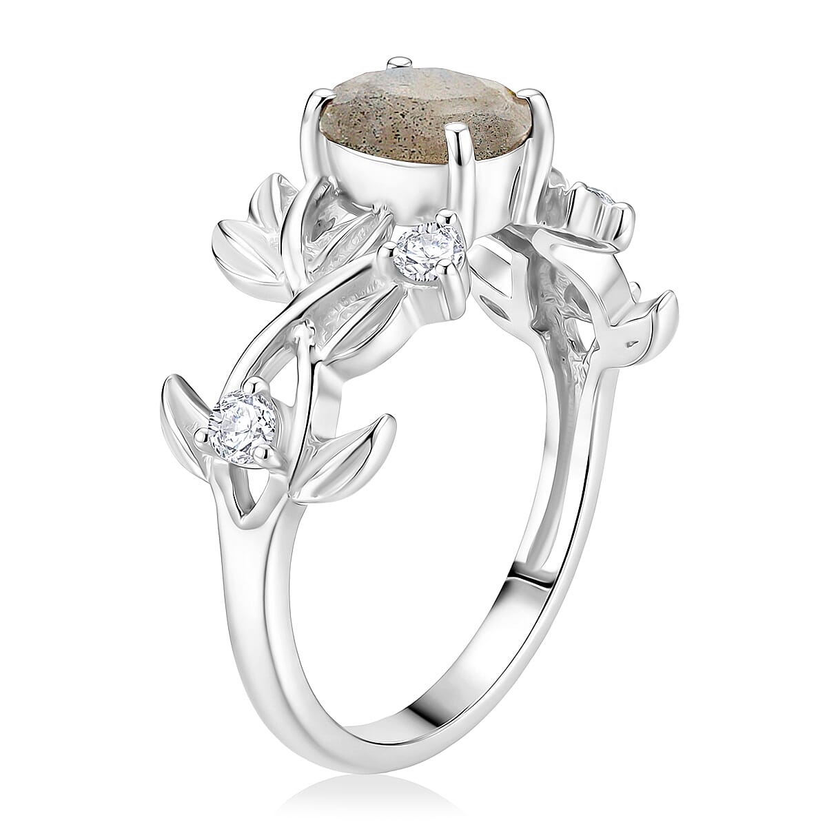 Malagasy Labradorite and Simulated 1.00 ctw Diamond Ring in Sterling Silver (Size 5.5)
