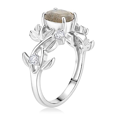 Malagasy Labradorite and Simulated 1.00 ctw Diamond Ring in Sterling Silver (Size 5.5)