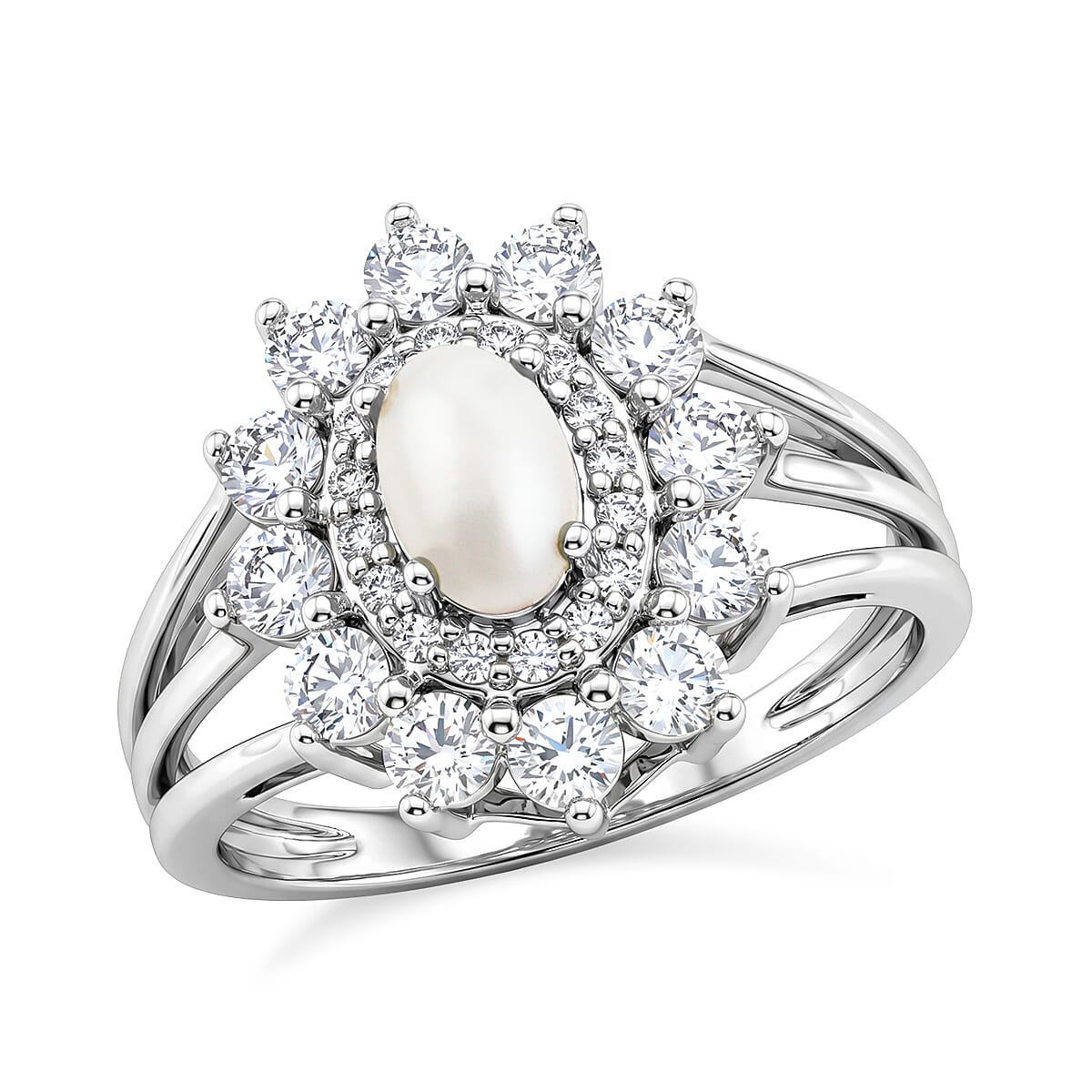 Pearl and Simulated Diamond 1.10 ctw Ring in Sterling Silver (Size 7.0)
