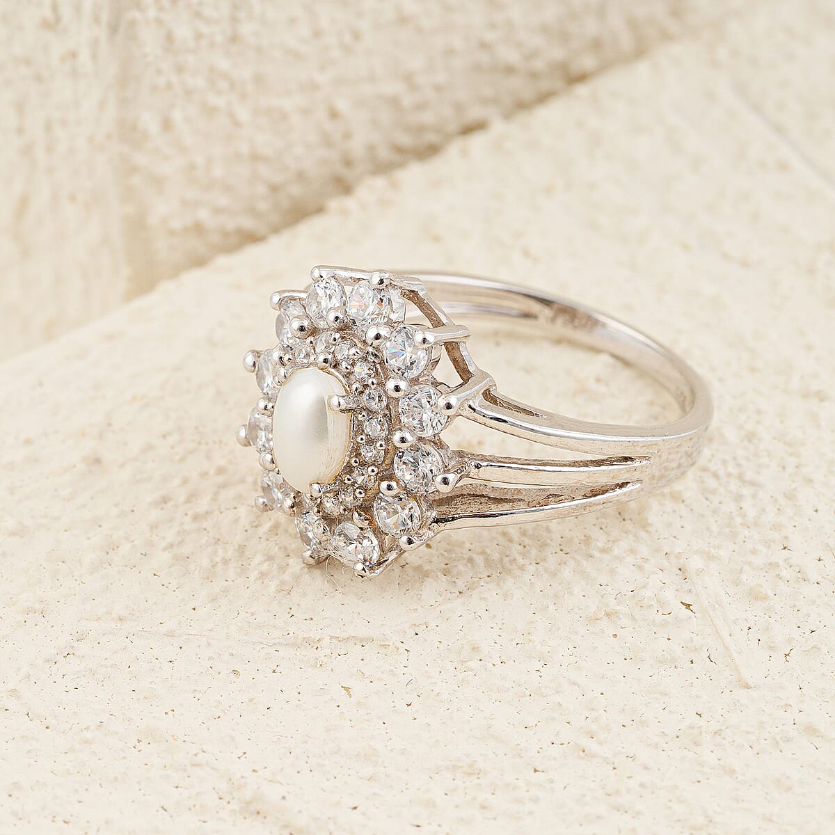 Pearl and Simulated Diamond 1.10 ctw Ring in Sterling Silver (Size 7.0) image number 1