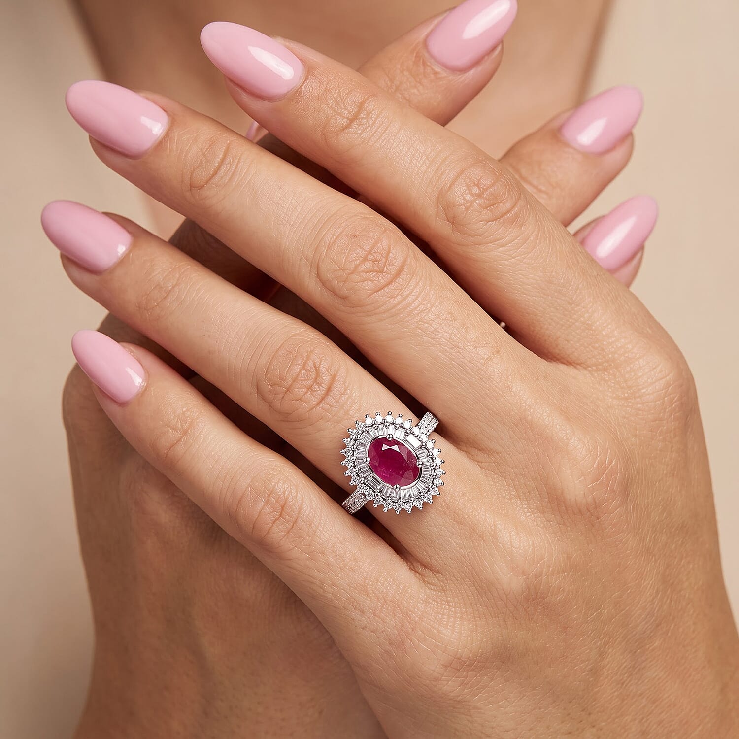 AAA Mozambique Ruby and Luxuriant Lab Grown Diamond G-H SI 1.80 ctw Ring in Rhodium Over Sterling Silver (Size 6.0)