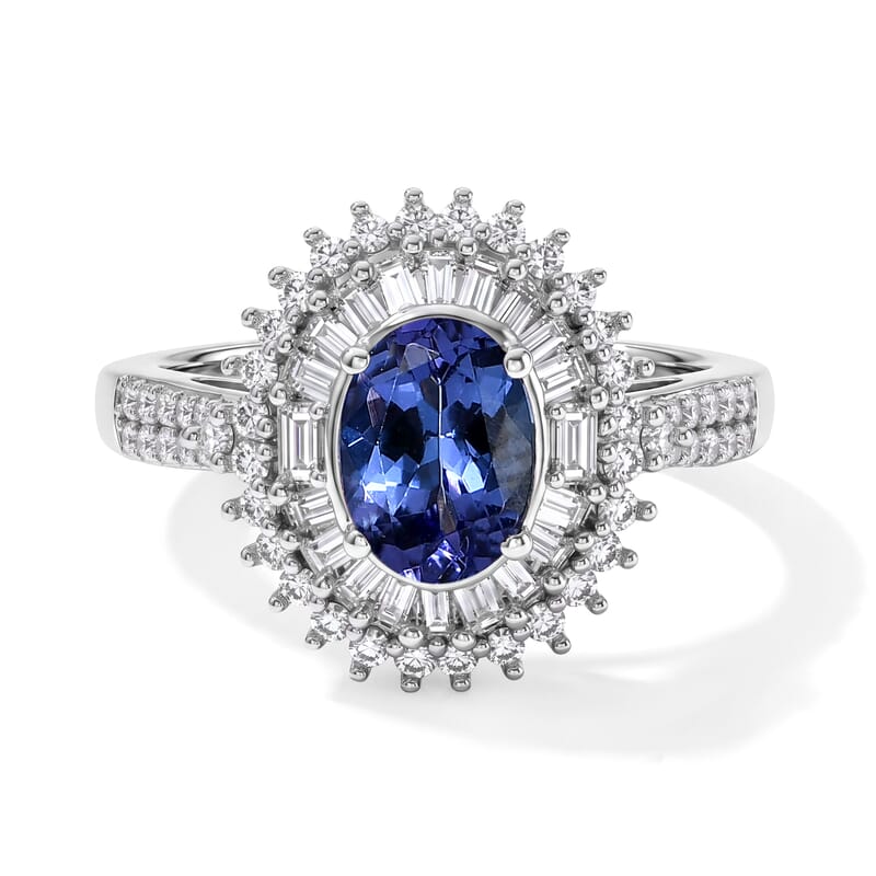 AAA Tanzanite and Luxuriant Lab Grown Diamond G-H SI 1.60 ctw Regal Radiance Ring in Rhodium Over Sterling Silver (Size 10.0)