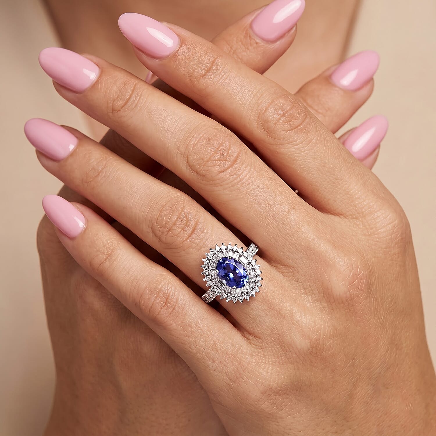 AAA Tanzanite and Luxuriant Lab Grown Diamond G-H SI 1.60 ctw Regal Radiance Ring in Rhodium Over Sterling Silver (Size 10.0)