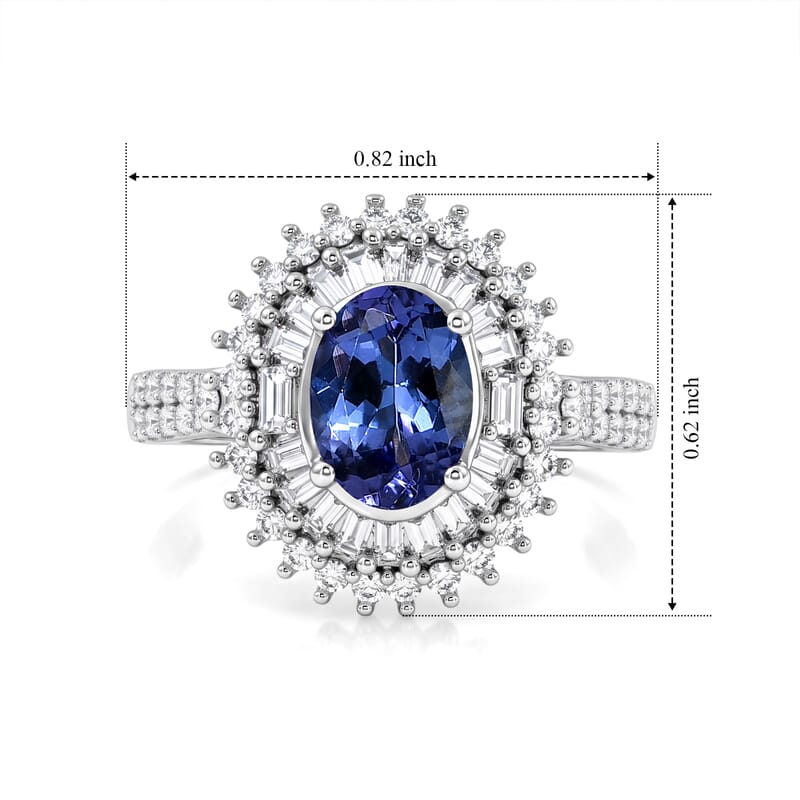 AAA Tanzanite and Luxuriant Lab Grown Diamond G-H SI 1.60 ctw Regal Radiance Ring in Rhodium Over Sterling Silver (Size 10.0)