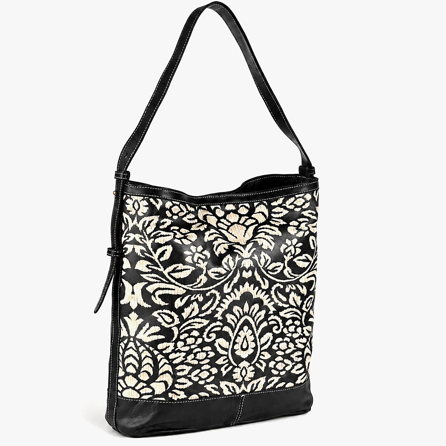 La Marey Black Genuine Leather with Front Panel Digital Print Tote Bag
