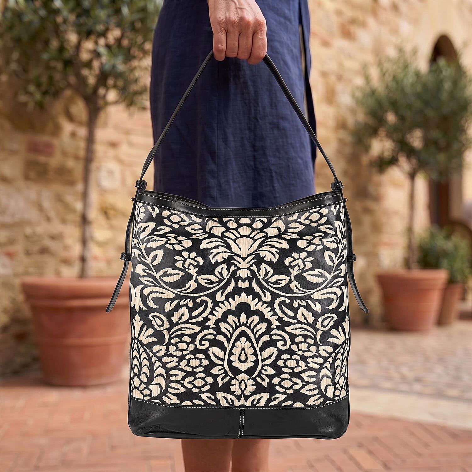 La Marey Black Genuine Leather with Front Panel Digital Print Tote Bag