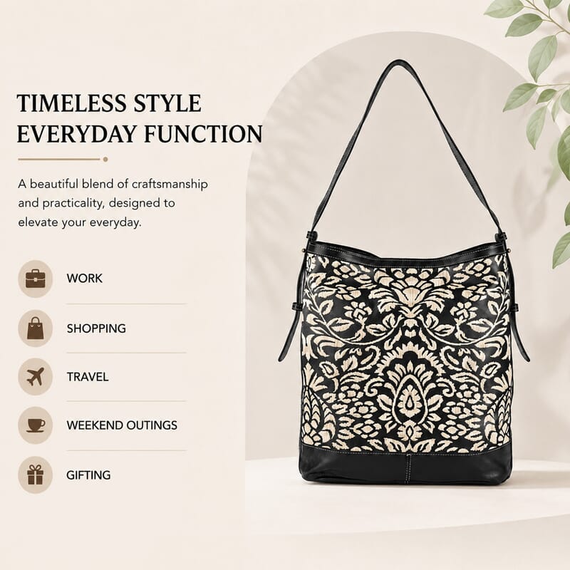 La Marey Black Genuine Leather with Front Panel Digital Print Tote Bag
