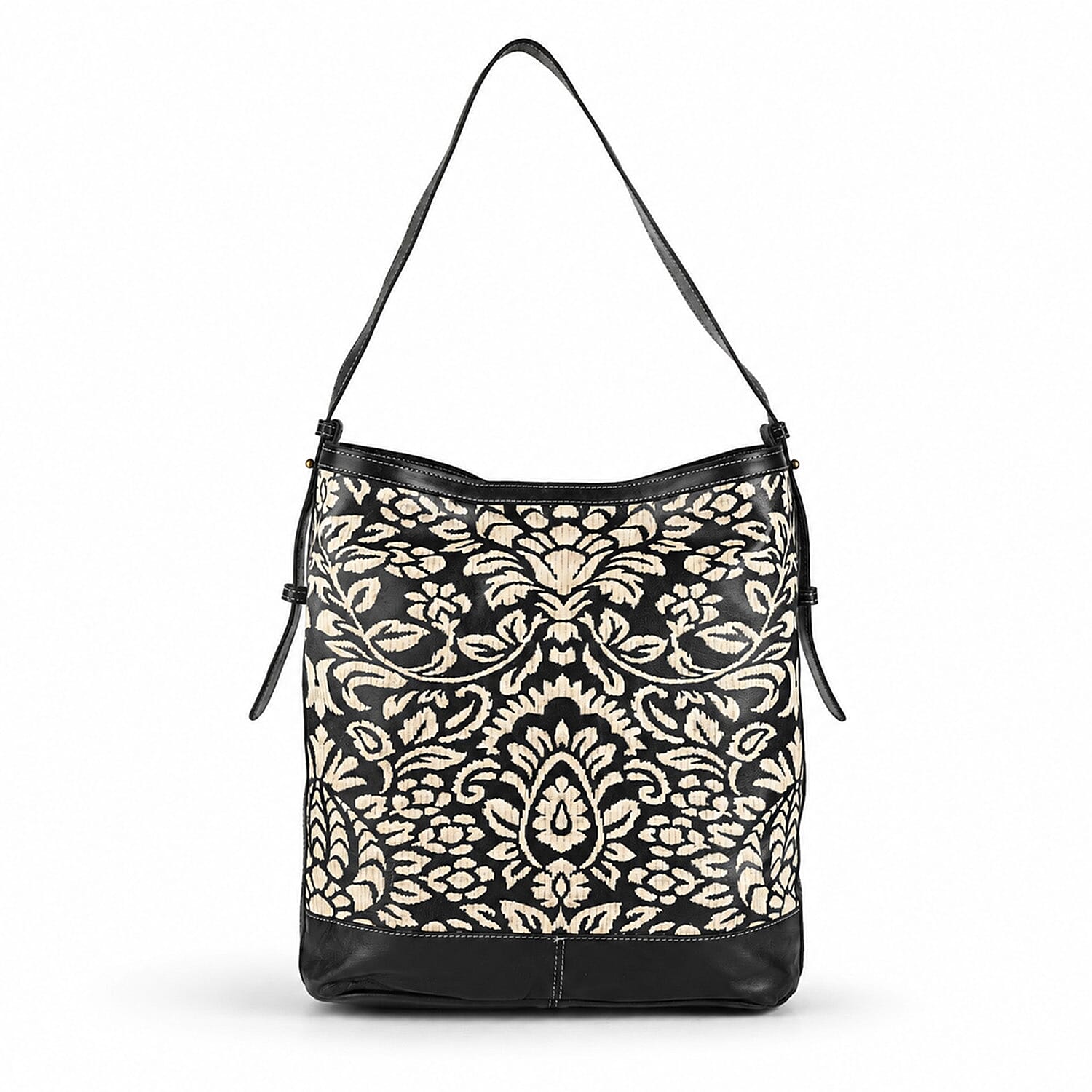 La Marey Black Genuine Leather with Front Panel Digital Print Tote Bag