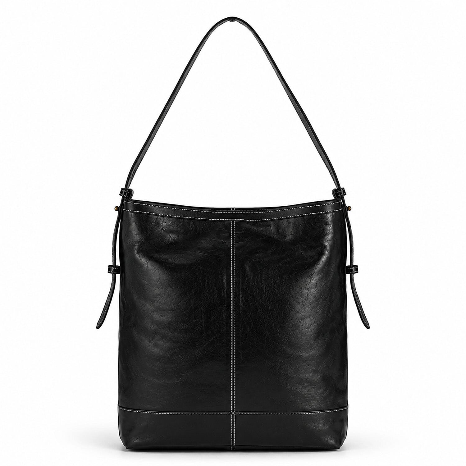 La Marey Black Genuine Leather with Front Panel Digital Print Tote Bag