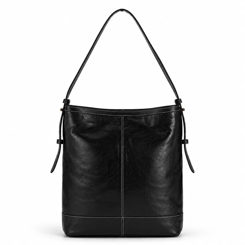 La Marey Black Genuine Leather with Front Panel Digital Print Tote Bag