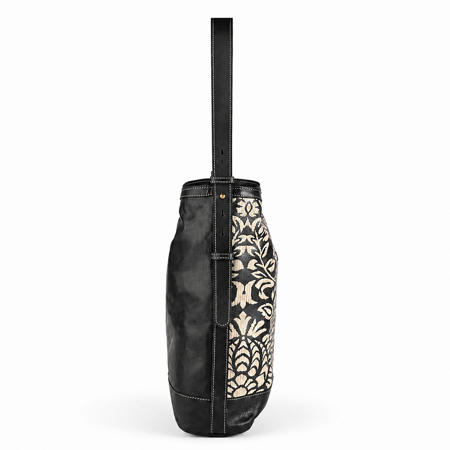La Marey Black Genuine Leather with Front Panel Digital Print Tote Bag