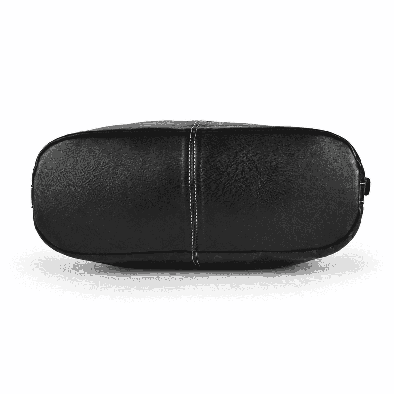 La Marey Black Genuine Leather with Front Panel Digital Print Tote Bag