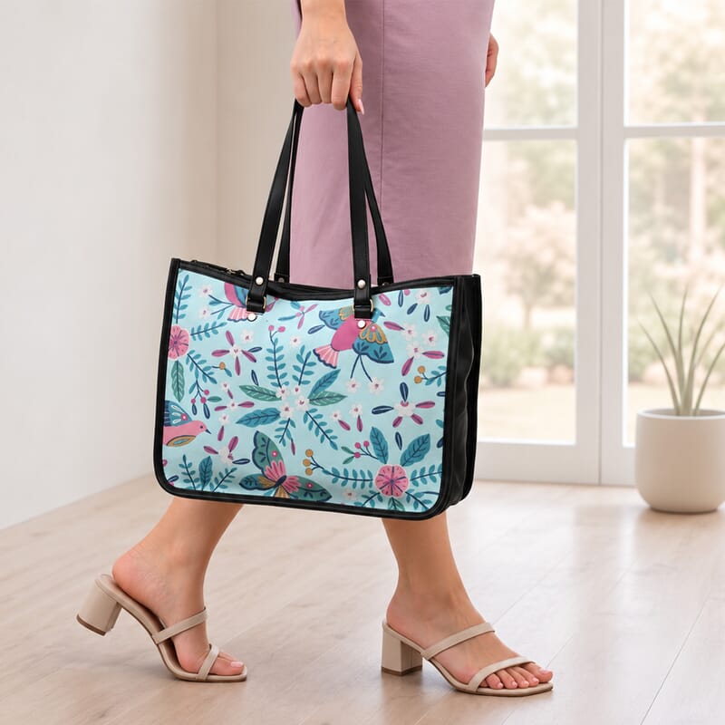 La Marey Blue Genuine Leather with Front Panel Digital Print Tote Bag