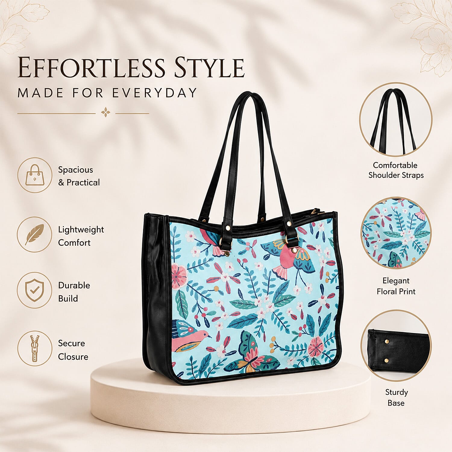 La Marey Blue Genuine Leather with Front Panel Digital Print Tote Bag