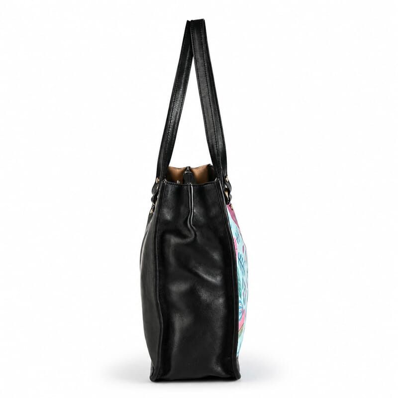 La Marey Blue Genuine Leather with Front Panel Digital Print Tote Bag
