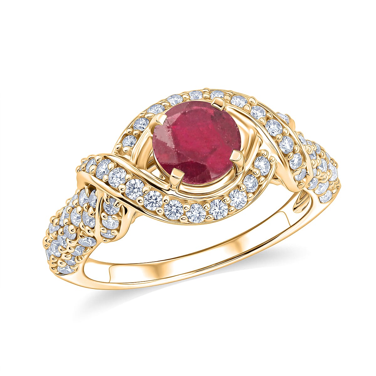 Mozambique Garnet and Simulated Diamond 1.65 ctw Ring in 14K YG Over Sterling Silver (Size 7.0)