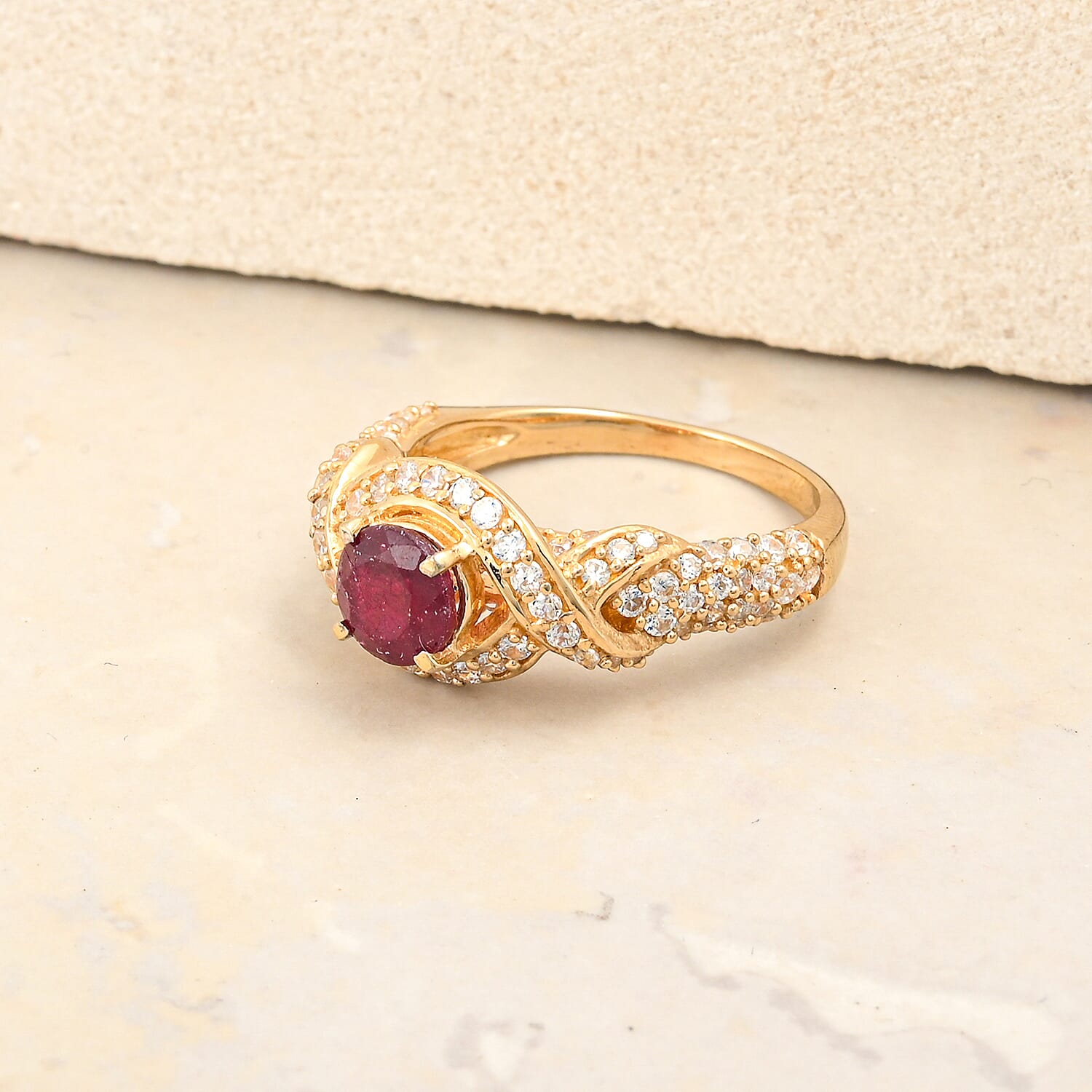 Mozambique Garnet and Simulated Diamond 1.65 ctw Ring in 14K YG Over Sterling Silver (Size 7.0)