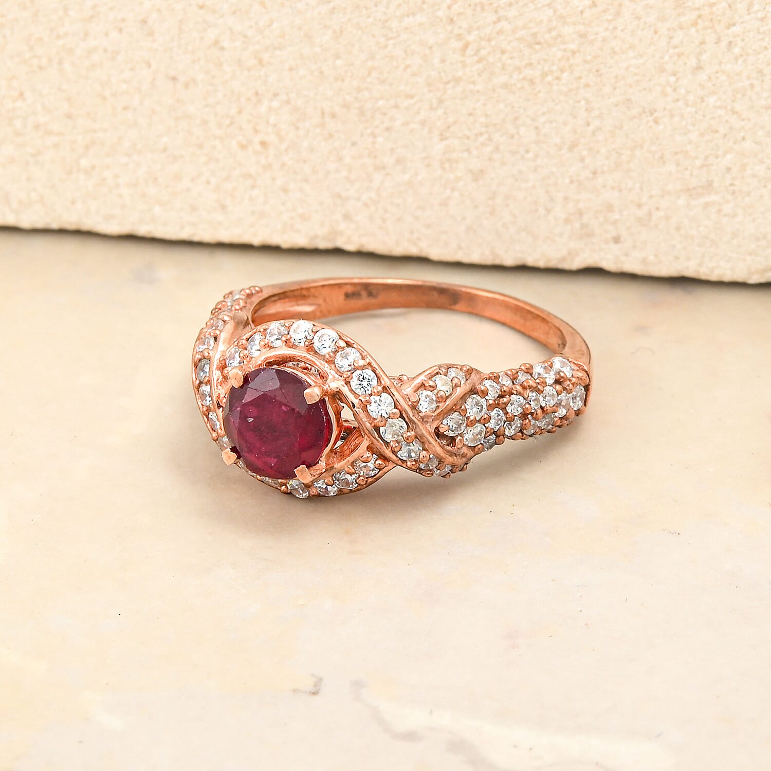 Mozambique Garnet and Simulated Diamond 1.65 ctw Ring in 14K RG Over Sterling Silver (Size 7.0)