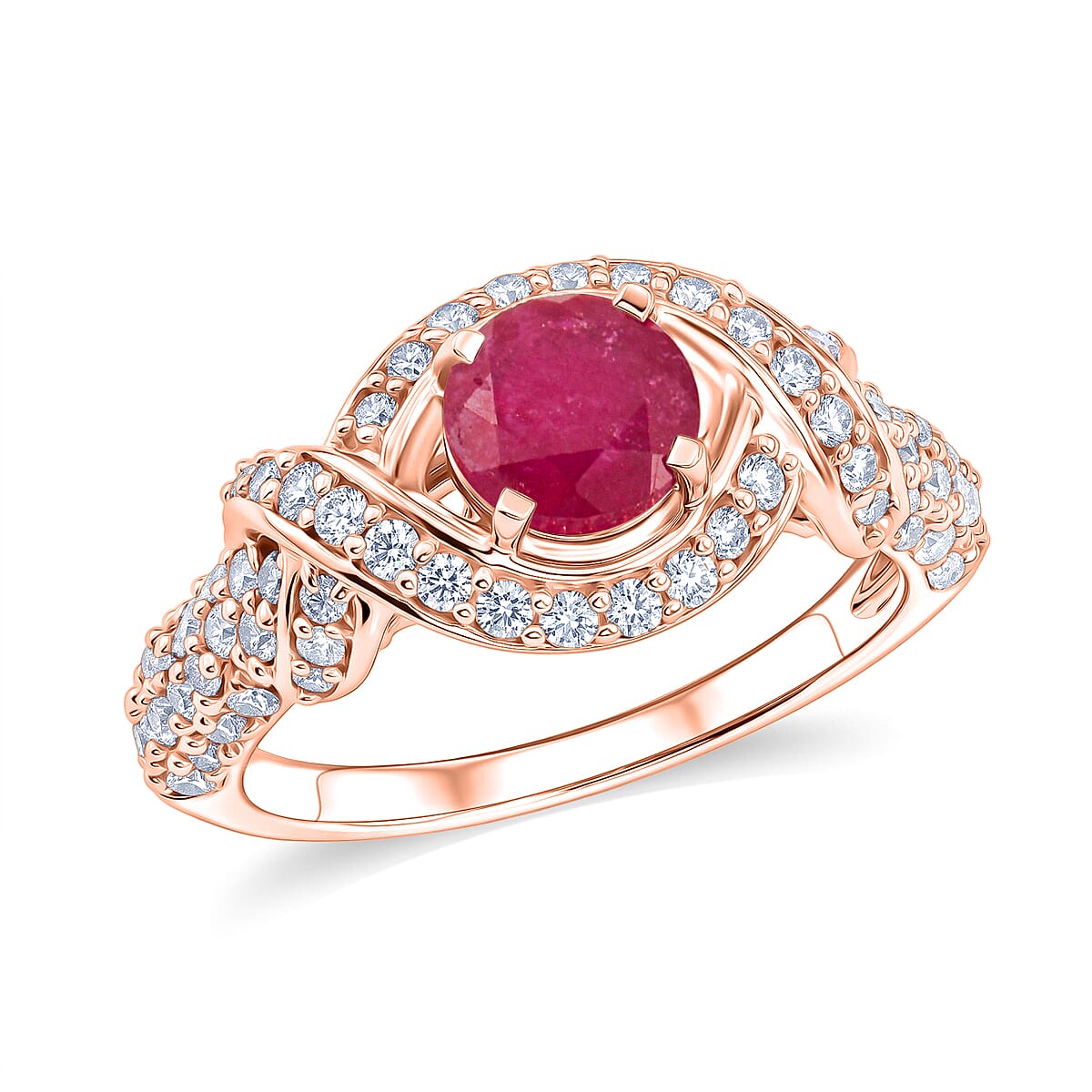 Ruby and Simulated Diamond 1.65 ctw Ring in 14K RG Over Sterling Silver (Size 7.0)