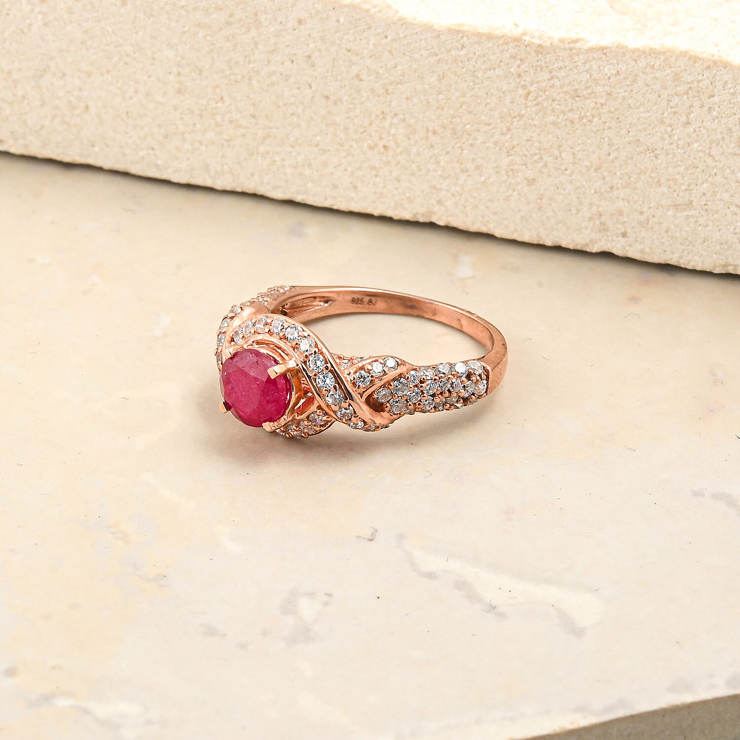 Ruby and Simulated Diamond 1.65 ctw Ring in 14K RG Over Sterling Silver (Size 7.0)