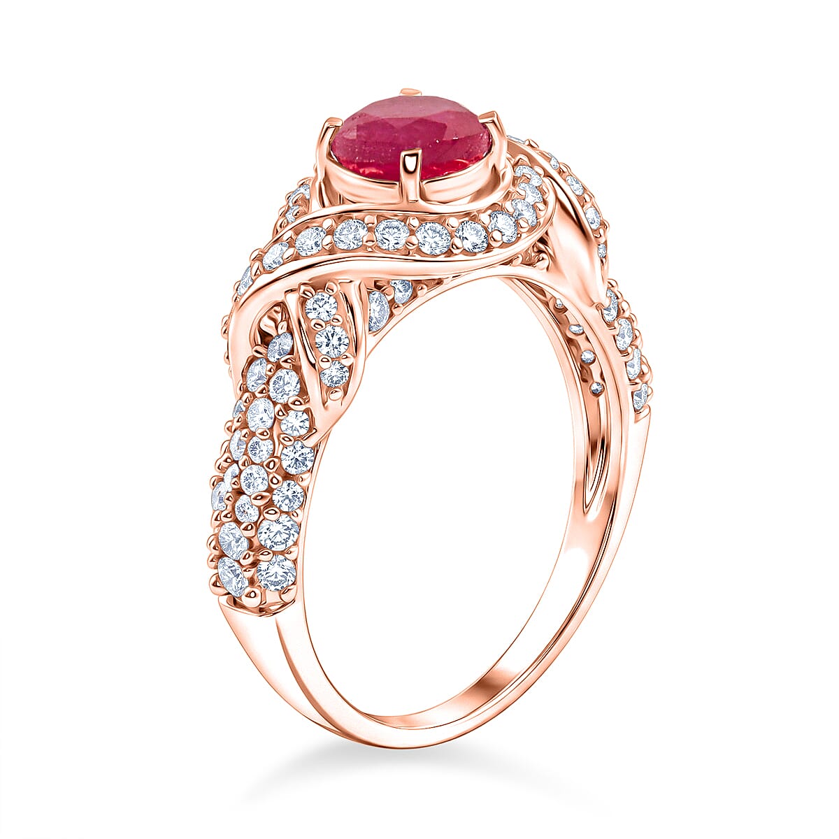Ruby and Simulated Diamond 1.65 ctw Ring in 14K RG Over Sterling Silver (Size 7.0)