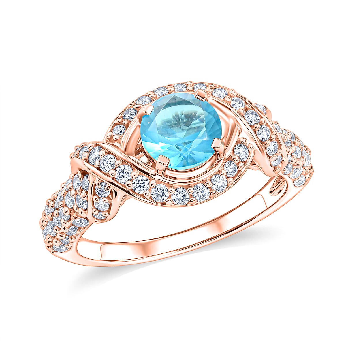 Blue Topaz and Simulated Diamond 1.65 ctw Ring in 14K RG Over Sterling Silver (Size 7.0)