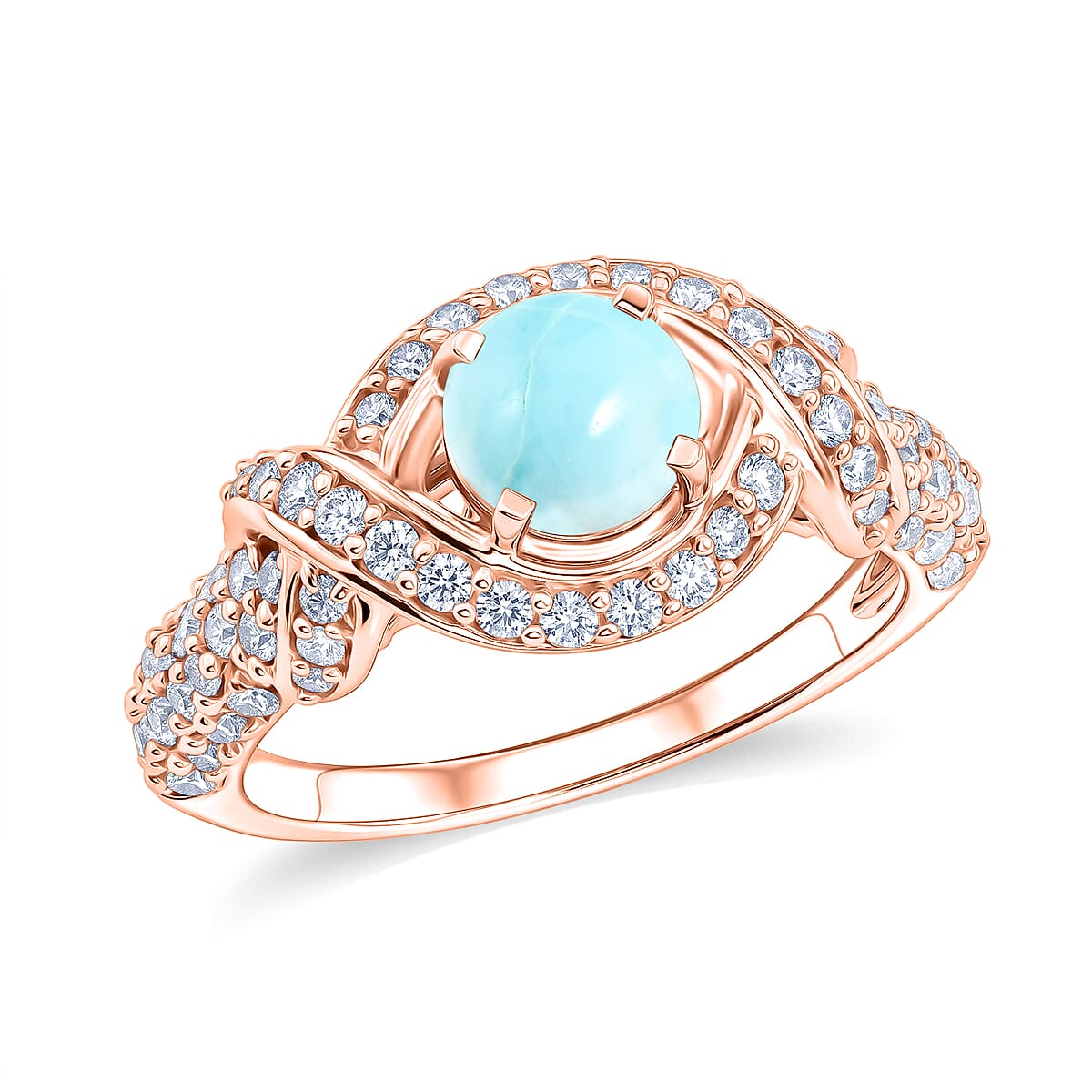 Larimar and Simulated Diamond 1.65 ctw Ring in 14K RG Over Sterling Silver (Size 7.0)