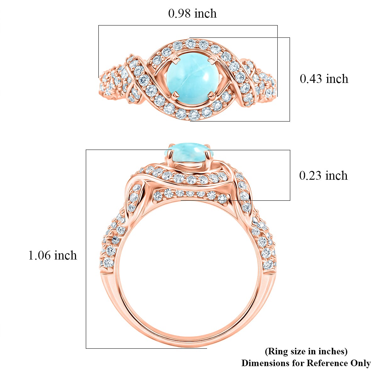Larimar and Simulated Diamond 1.65 ctw Ring in 14K RG Over Sterling Silver (Size 7.0)