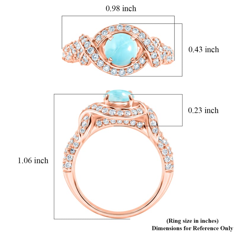Larimar and Simulated Diamond 1.65 ctw Ring in 14K RG Over Sterling Silver (Size 7.0)