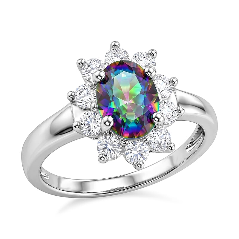 Mystic Topaz and Simulated Diamond 2.10 ctw Sunburst Ring in Sterling Silver (Size 10.0)