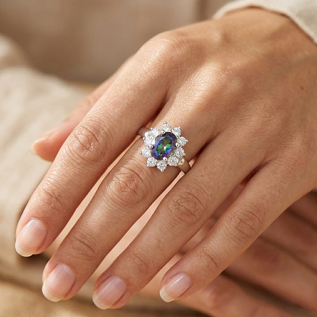Mystic Topaz and Simulated Diamond 2.10 ctw Sunburst Ring in Sterling Silver (Size 10.0)