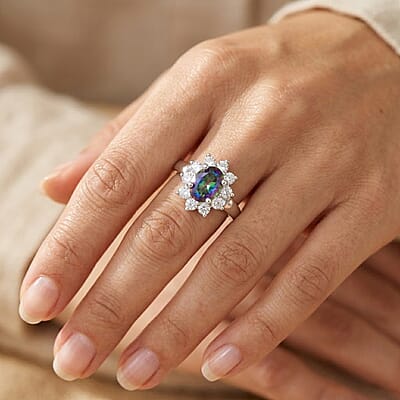Mystic Topaz and Simulated Diamond 2.10 ctw Sunburst Ring in Sterling Silver (Size 10.0)