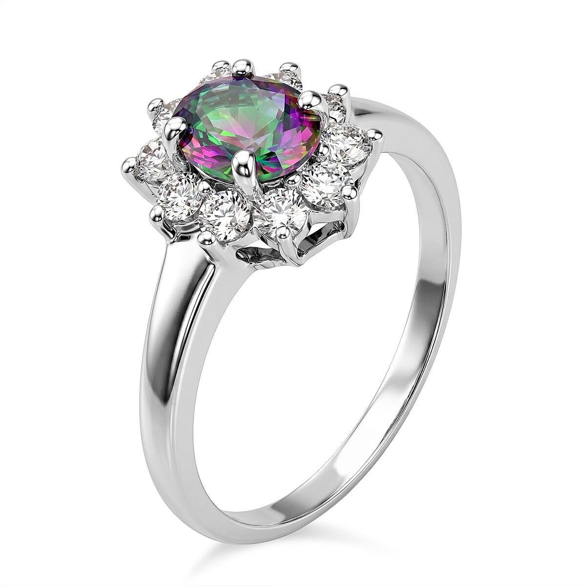 Mystic Topaz and Simulated Diamond 2.10 ctw Sunburst Ring in Sterling Silver (Size 10.0)
