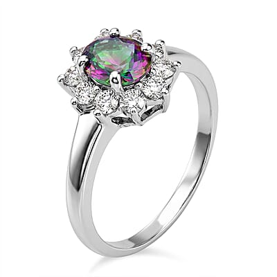 Mystic Topaz and Simulated Diamond 2.10 ctw Sunburst Ring in Sterling Silver (Size 10.0)