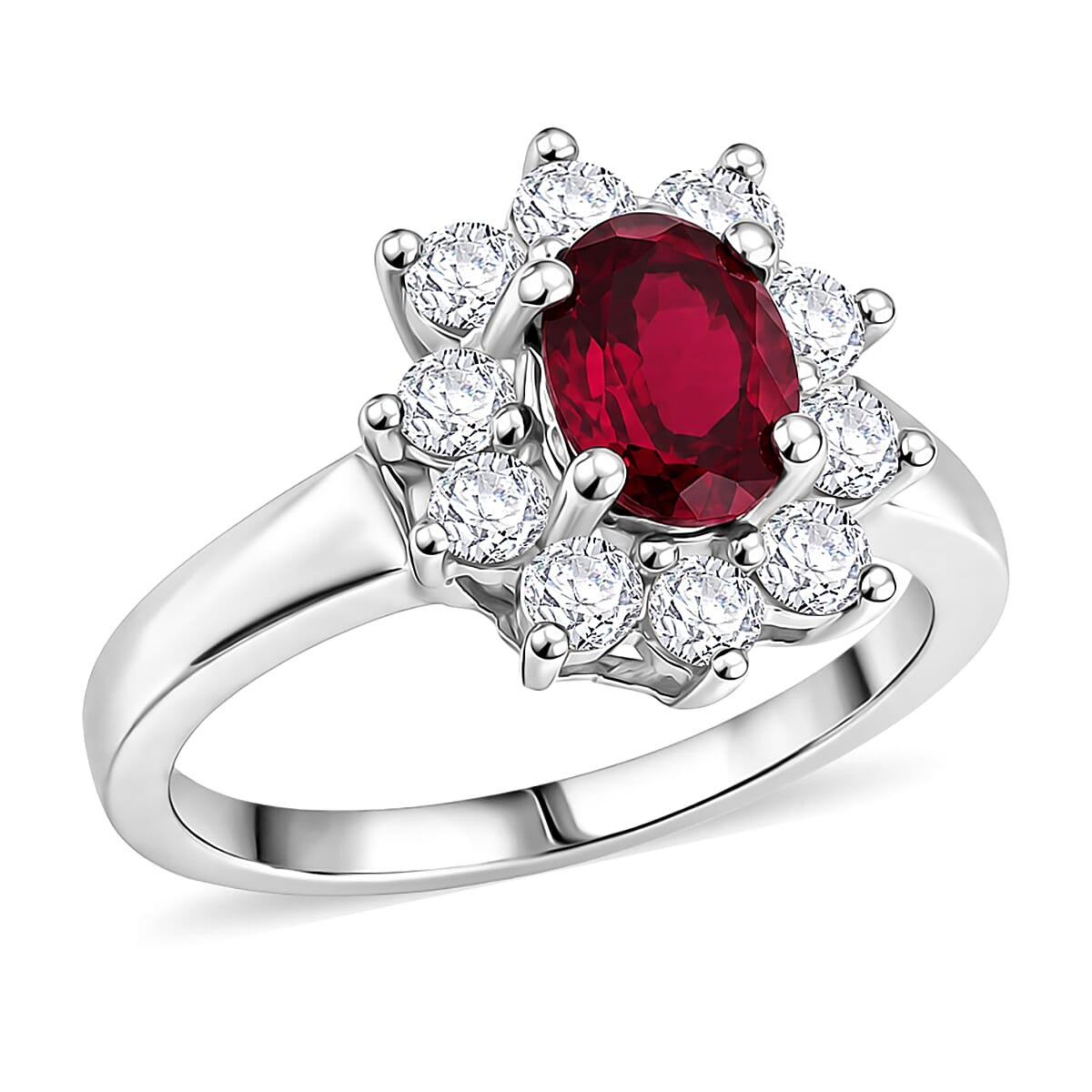 Mozambique Garnet and Simulated Diamond 2.20 ctw Sunburst Ring in Sterling Silver (Size 6.0)