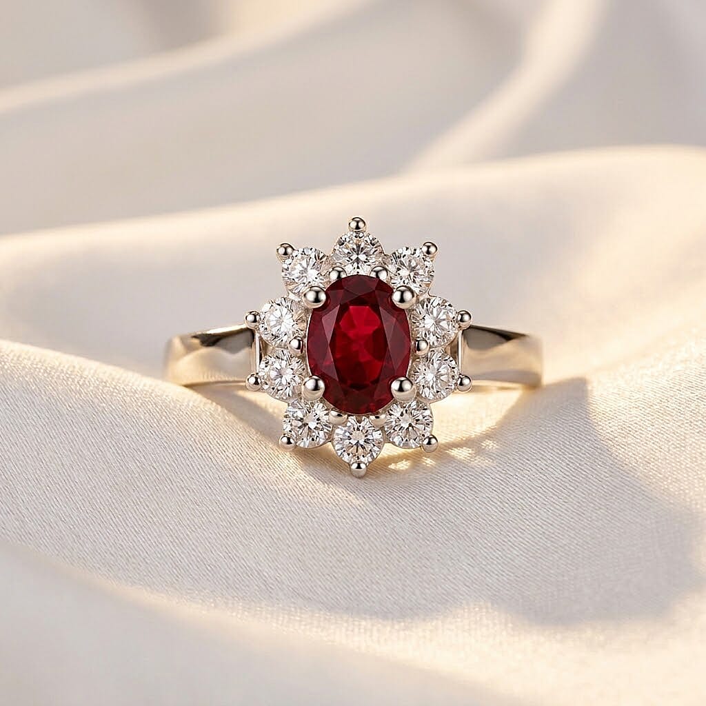 Mozambique Garnet and Simulated Diamond 2.20 ctw Sunburst Ring in Sterling Silver (Size 6.0)