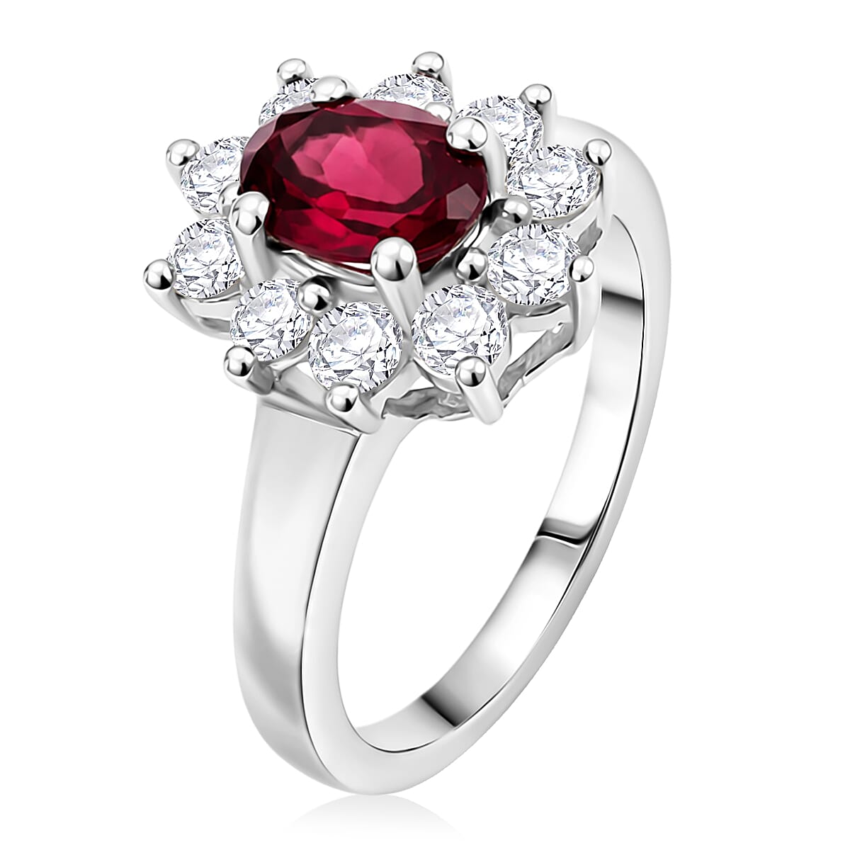 Mozambique Garnet and Simulated Diamond 2.20 ctw Sunburst Ring in Sterling Silver (Size 7.0)