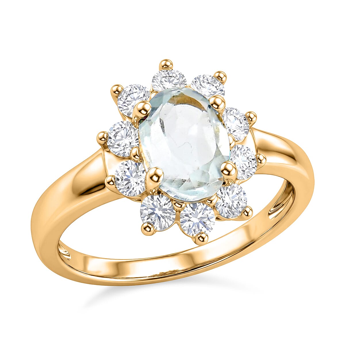 Mangoro Aquamarine and Simulated Diamond 1.80 ctw Sunburst Ring in 14K YG Over Sterling Silver (Size 5.0)