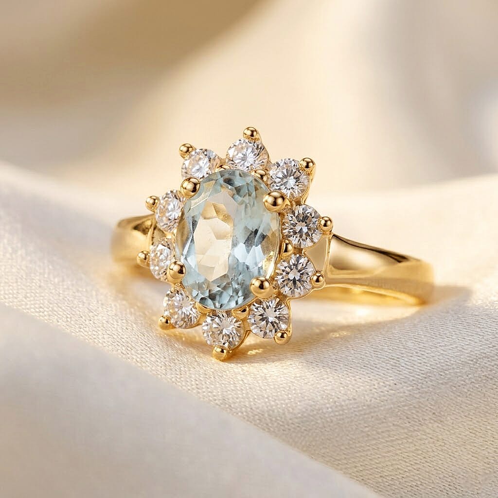 Mangoro Aquamarine and Simulated Diamond 1.80 ctw Sunburst Ring in 14K YG Over Sterling Silver (Size 5.0)