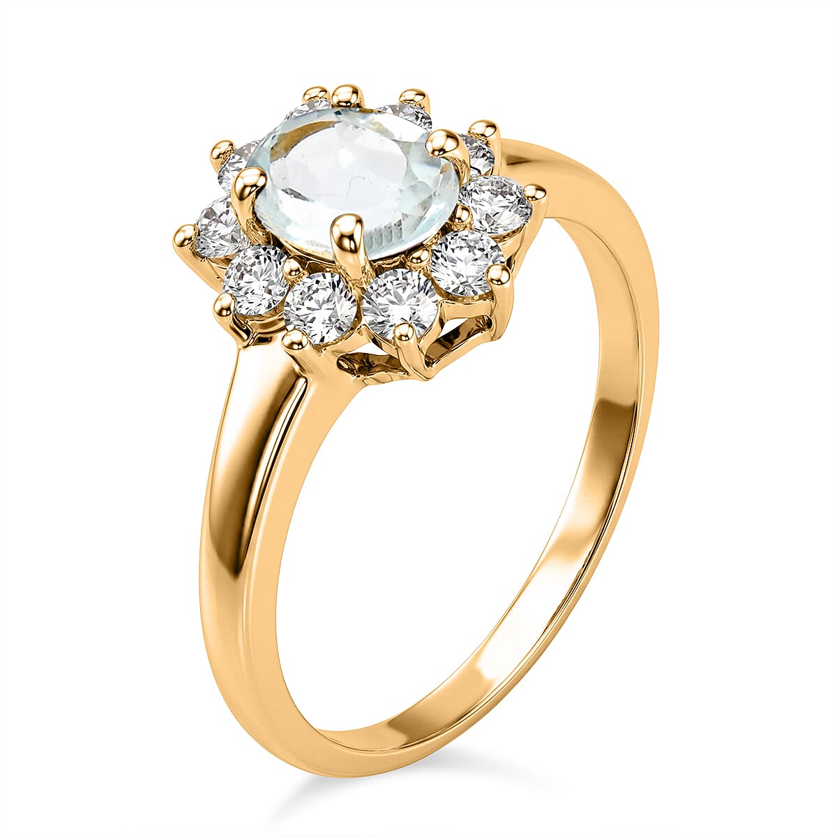 Mangoro Aquamarine and Simulated Diamond 1.80 ctw Sunburst Ring in 14K YG Over Sterling Silver (Size 5.0)