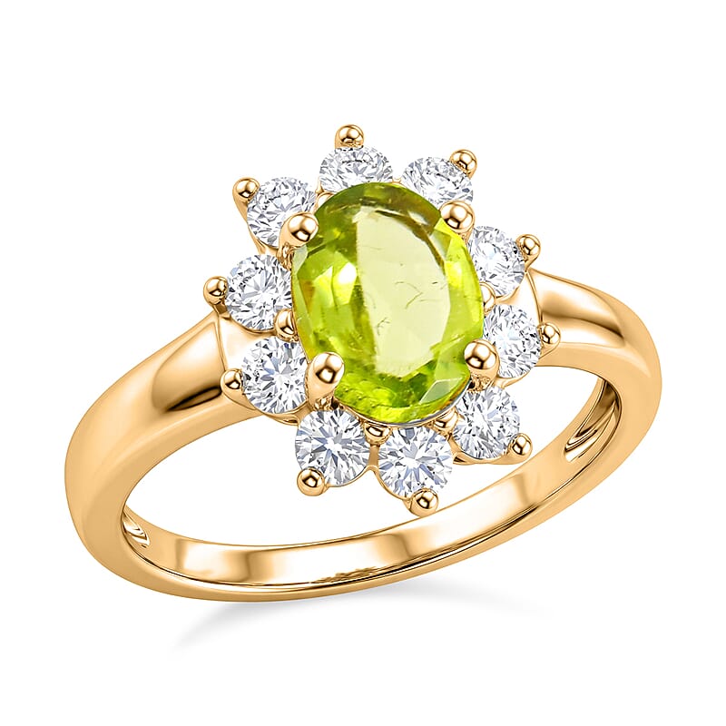Hebei Peridot and Simulated Diamond 1.90 ctw Sunburst Ring in 14K YG Over Sterling Silver (Size 6.0)