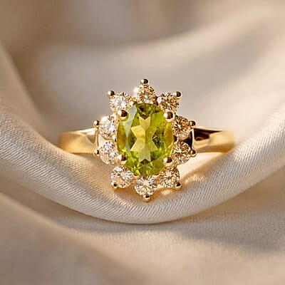 Hebei Peridot and Simulated Diamond 1.90 ctw Sunburst Ring in 14K YG Over Sterling Silver (Size 6.0)
