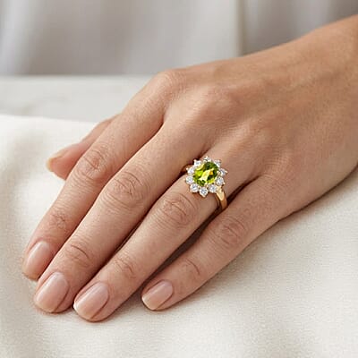Hebei Peridot and Simulated Diamond 1.90 ctw Sunburst Ring in 14K YG Over Sterling Silver (Size 6.0)