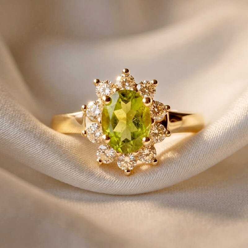 Hebei Peridot and Simulated Diamond 1.90 ctw Sunburst Ring in 14K YG Over Sterling Silver (Size 8.0)