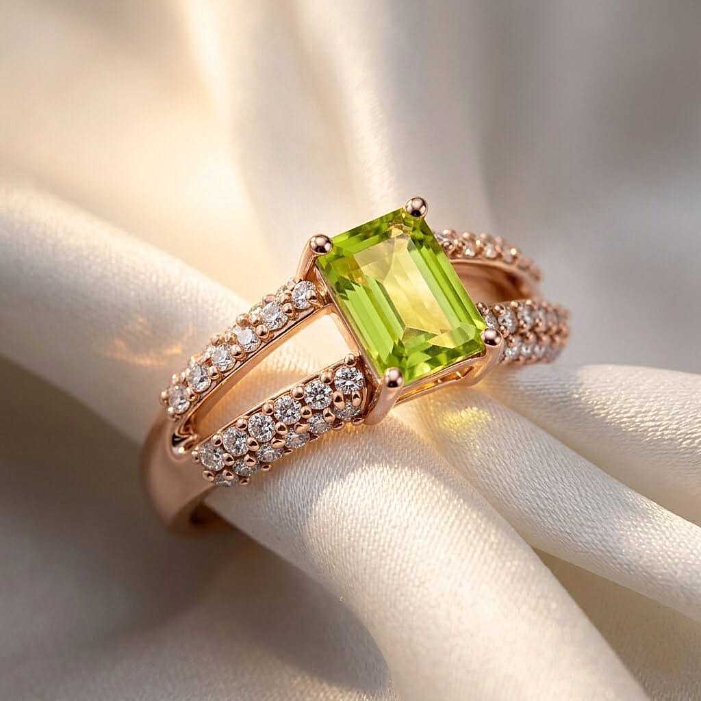 Hebei Peridot and White Topaz 1.15 ctw Ring in 14K RG Over Sterling Silver (Size 8.0)