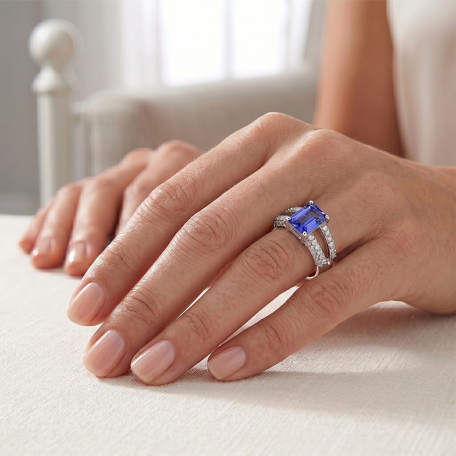 Simulated Blue Diamond and White Topaz Ring in Sterling Silver (Size 8.0)