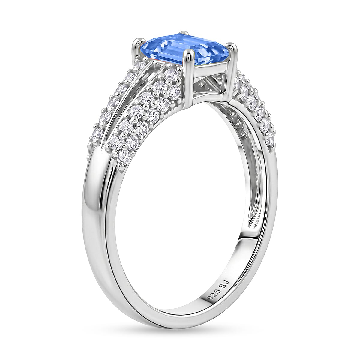 Simulated Blue Diamond and White Topaz Ring in Sterling Silver (Size 8.0)