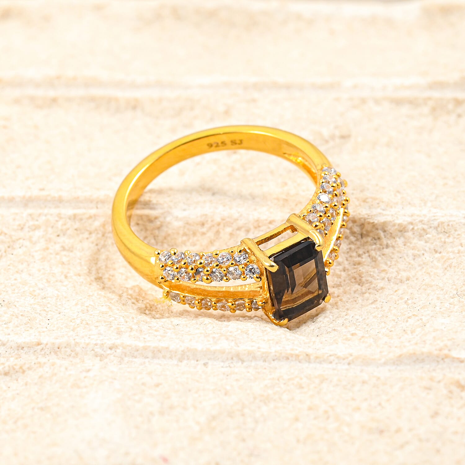 Smoky Quartz and White Topaz 1.25 ctw Ring in 14K YG Over Sterling Silver (Size 8.0)