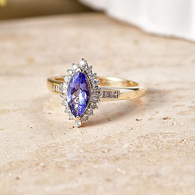 Luxoro Premium Tanzanite and Diamond I2 1.30 ctw Crown Marquise Ring in 10K Yellow Gold (Size 5.0)